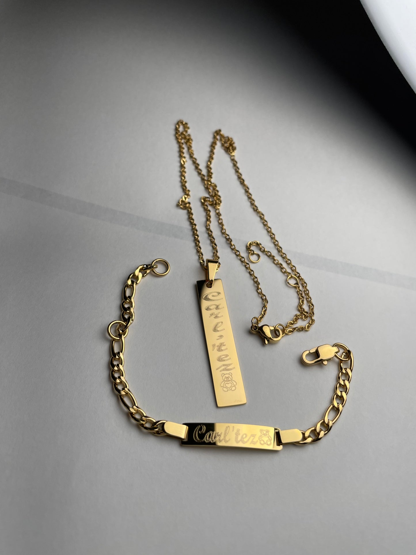 18K Vertical Bar Necklace & ID Bracelet Set