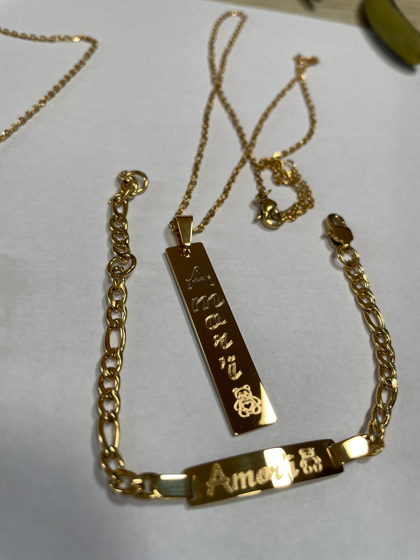 18K Vertical Bar Necklace & ID Bracelet Set