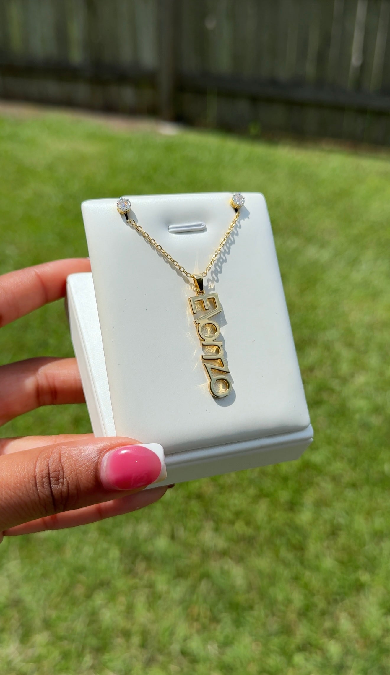 Block Name Necklace & Stud Earring Set