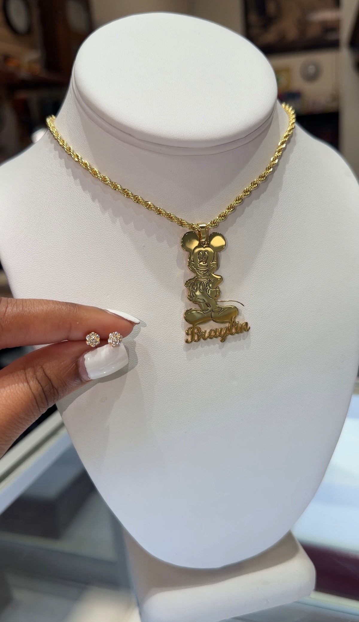 Character Name Necklace with Diamond Studs + FREE PAIR STUDS FOR MOM