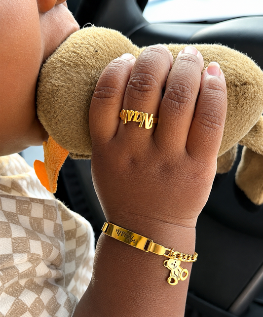 2PC Bear ID Bracelet & Nameplate Ring