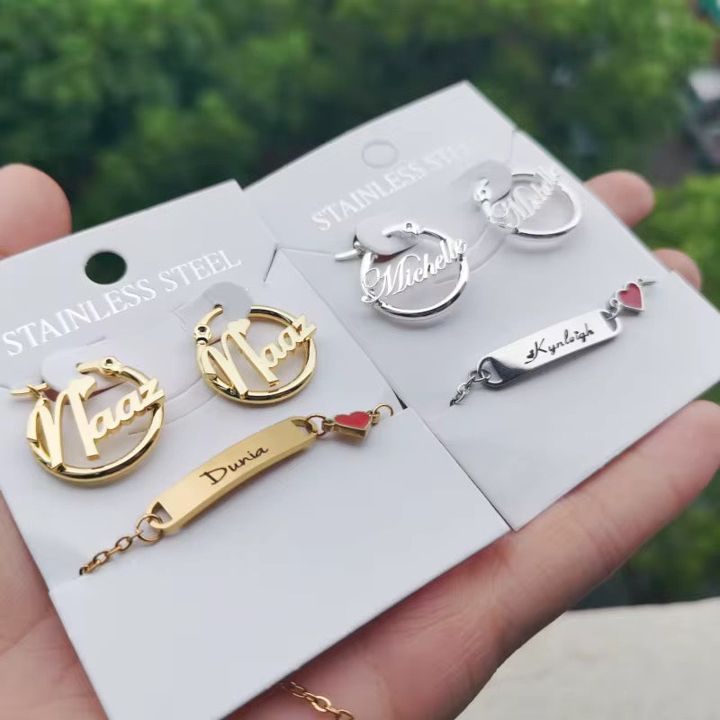 2PC Earrings & Heart ID Bracelet